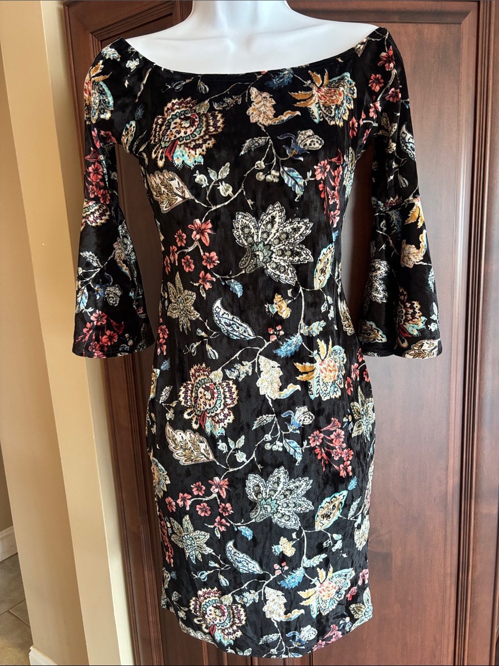 Soprano Black Velvet Floral Off-Shoulder Dress